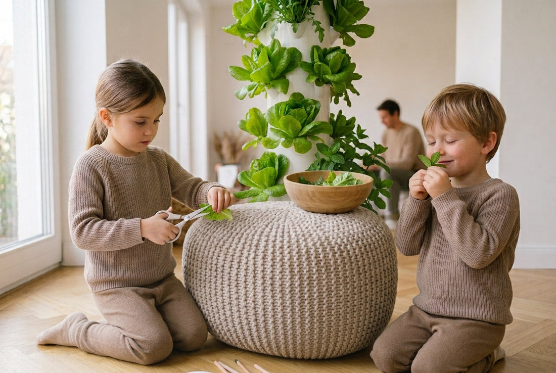 Deux enfants recoltant des salades sur une tour hydroponique dans un salon