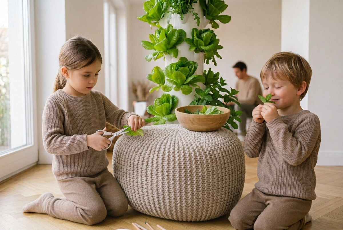 Deux enfants recoltant des salades sur une tour hydroponique dans un salon