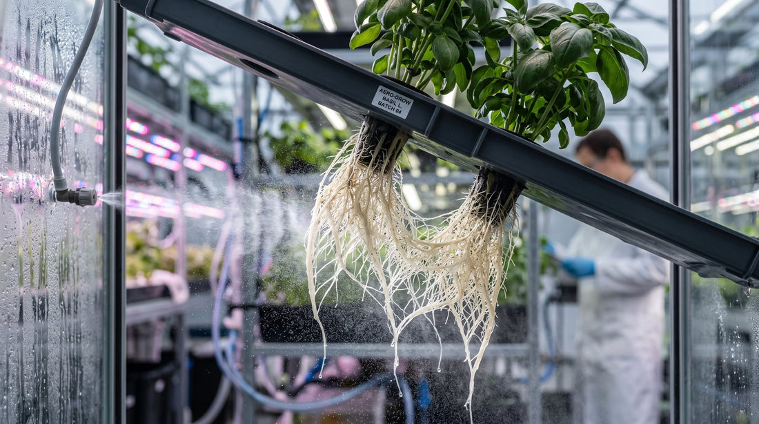Racines de basilic nues dans un systeme aeroponique