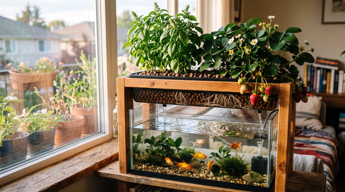Systeme aquaponique : plantes cultivees au-dessus d'un bassin a poissons