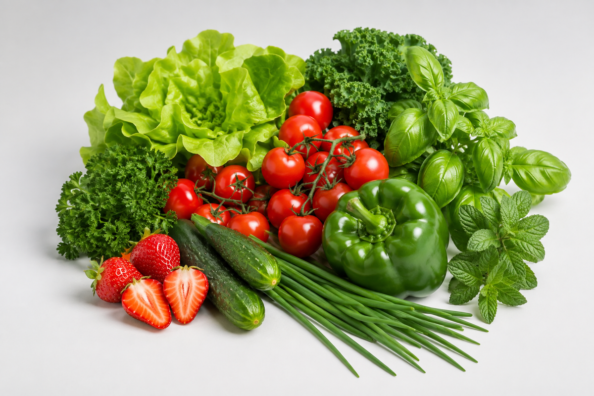Recolte de legumes et d'herbes fraiches : laitue, tomates, poivron, fraises, concombre, basilic et ciboulette