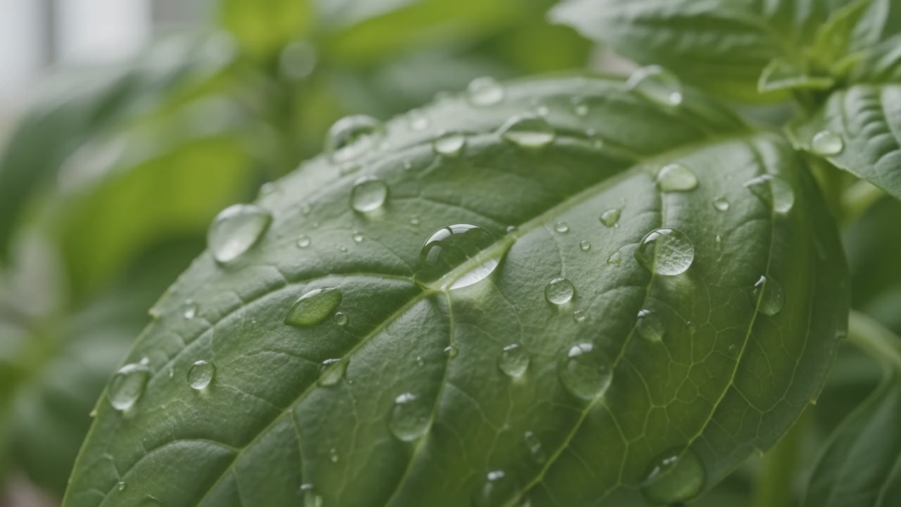 Gros plan sur une feuille de basilic couverte de gouttes d'eau