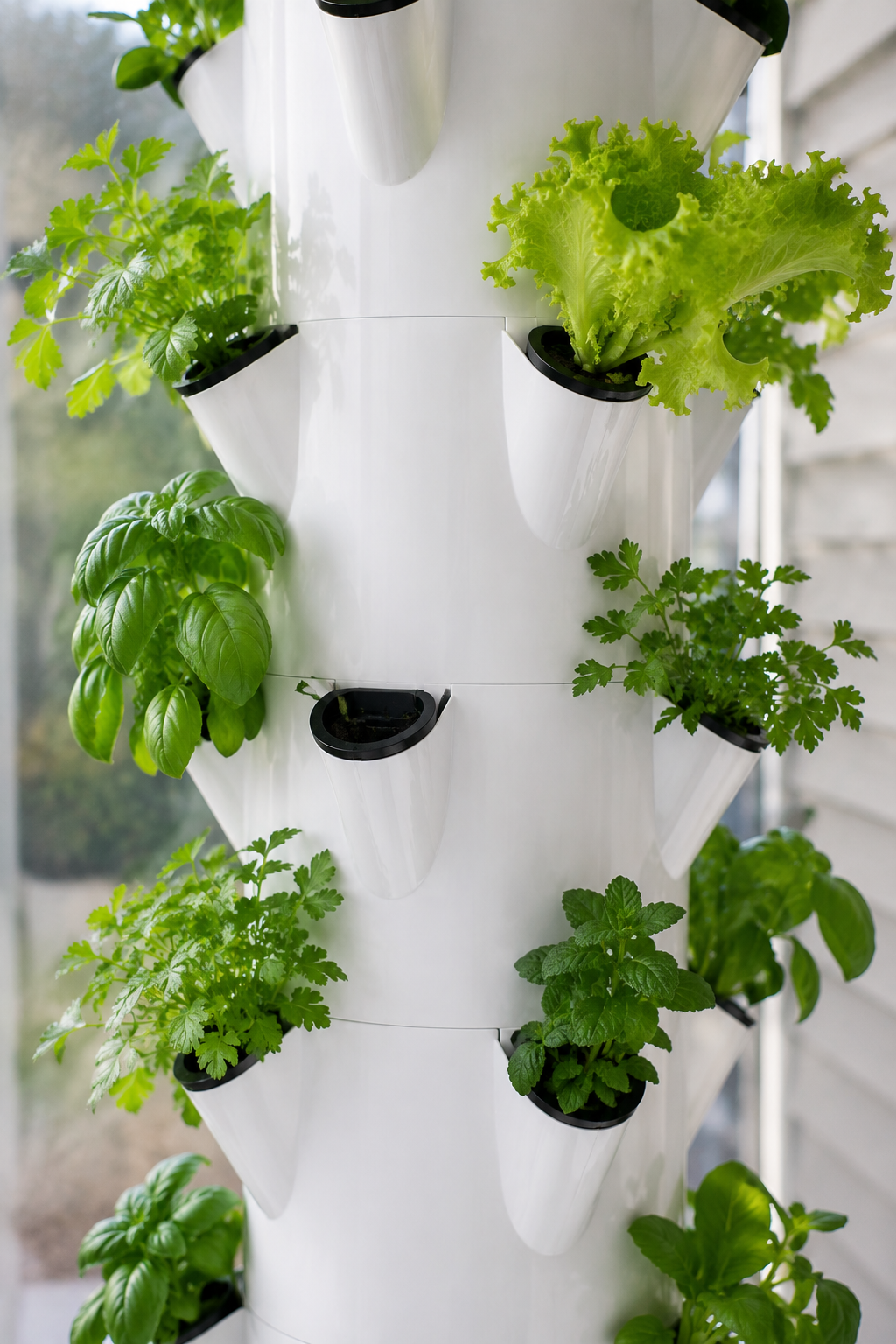 Tour Botaverra garnie de basilic, laitue frisée, persil et menthe, installée devant une fenêtre