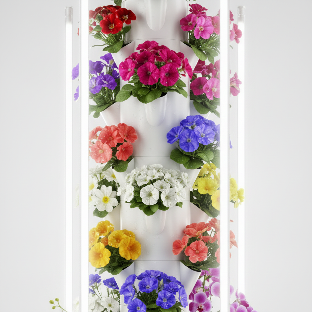 Gros plan sur les étages de la tour Botaverra garnis de fleurs colorées, entre deux tubes LED verticaux