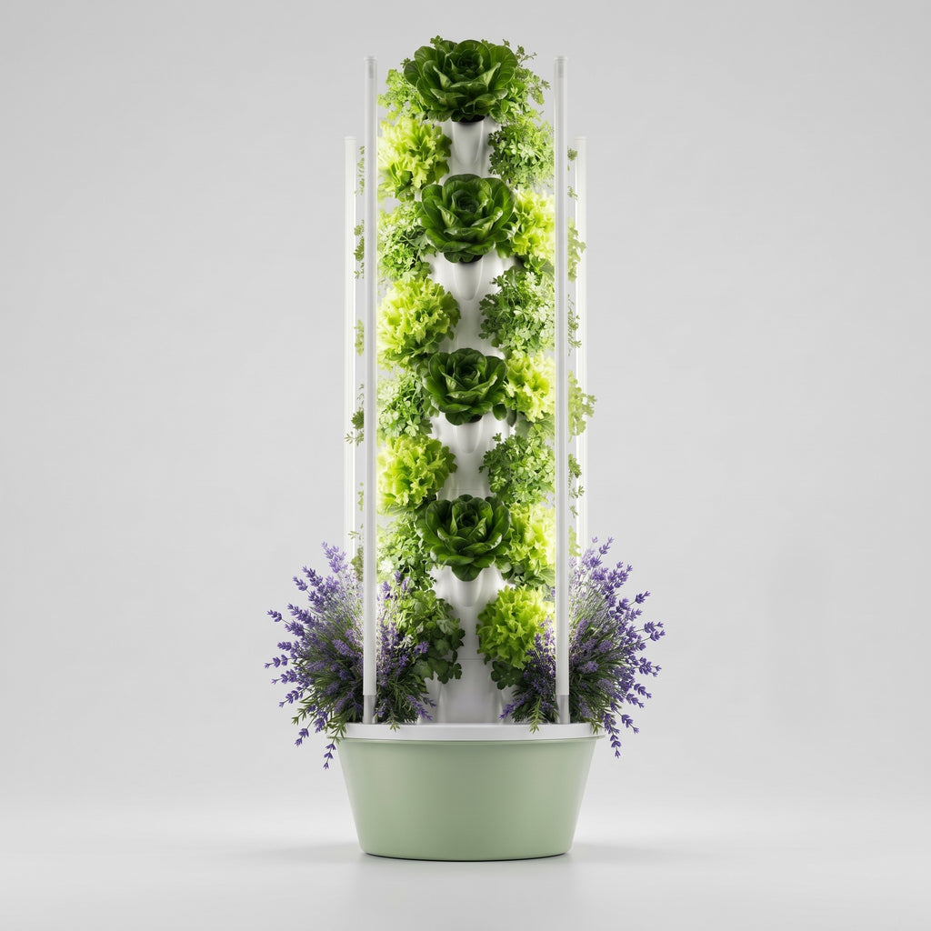 Tour hydroponique Botaverra avec éclairage LED, garnie de laitues et de lavande, sur fond clair