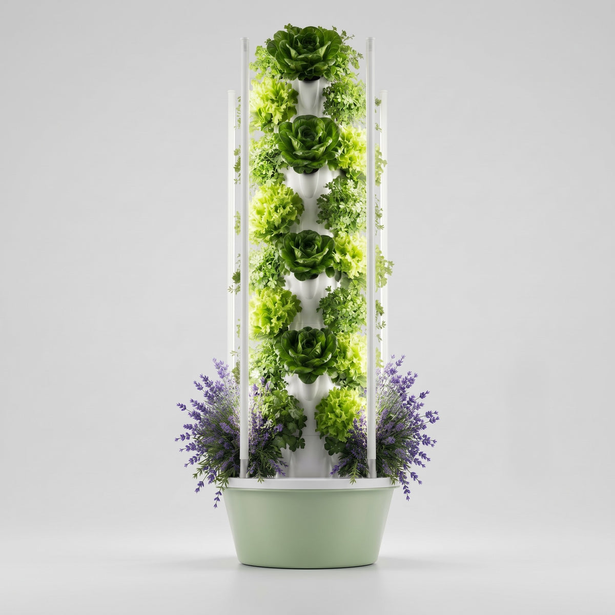 Tour hydroponique Botaverra avec éclairage LED, garnie de laitues et de lavande, sur fond clair