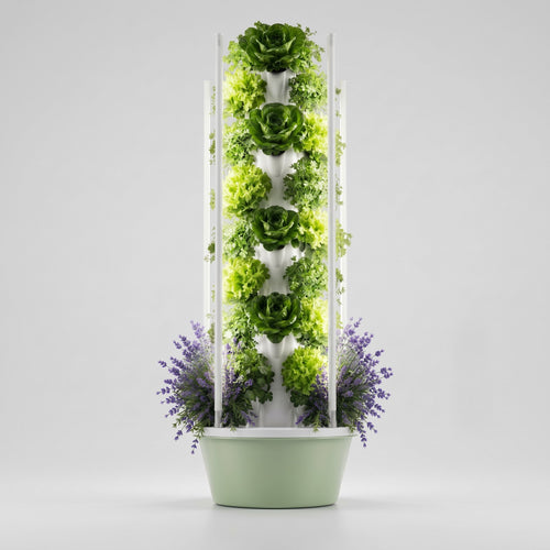 Tour hydroponique Botaverra avec éclairage LED, garnie de laitues et de lavande, sur fond clair