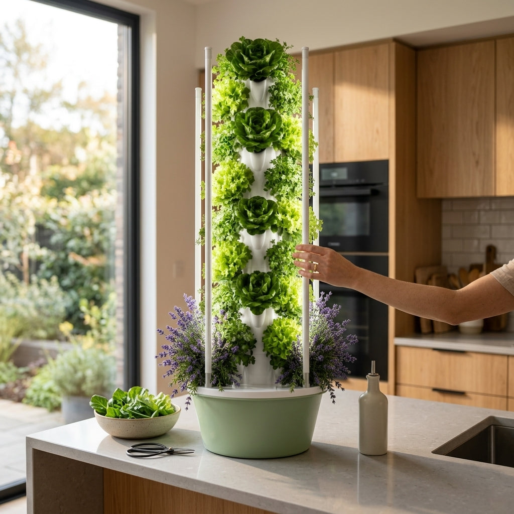 Récolte d'une laitue sur la tour hydroponique Botaverra installée dans une cuisine