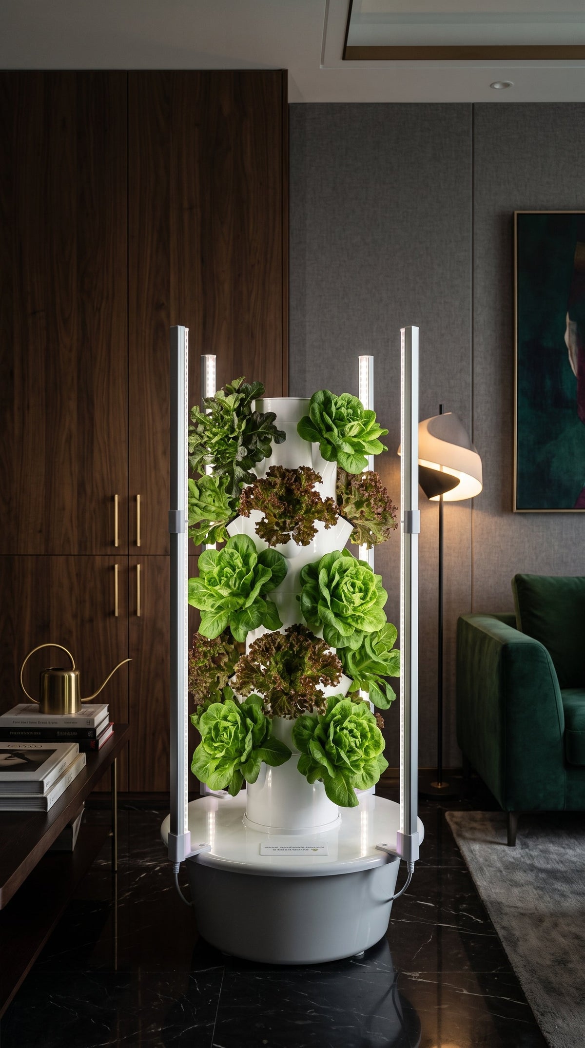 Tour hydroponique verticale installee dans une piece de vie